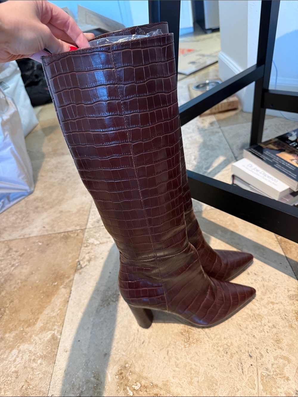 Tall Croc-Embossed Pointed-Toe Boots - brown